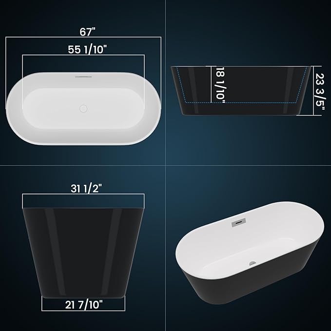 67" Freestanding Acrylic Bathtub, Modern Soaking Tub with Chrome Overflow & Drain, CUPC Certified, Deep Soaking Design for Luxurious Spa Experience, Contemporary Bathroom Centerpiece