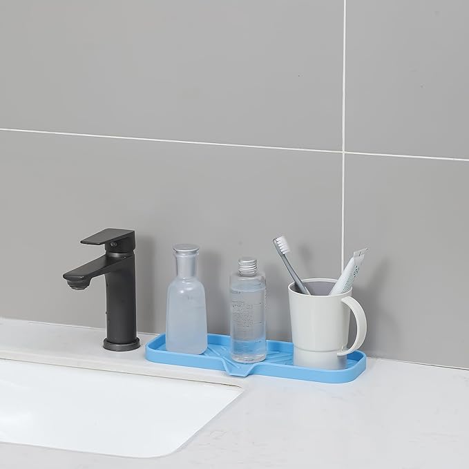 Silicone Bathroom Soap Dishes with Drain Spout-Bathroom and Kitchen Sink Organizer,Sponge Holder,Dish Soap Tray,Perfect for Dispenser,Scrubber,Bottle on Sink or Counter-Light Blue 12"×4"
