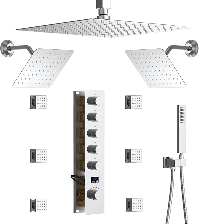 Triple Shower Head Shower System Chrome Full Body Shower System with Digital Display Shower Valve, 12"+8"+8" Three Top Shower Heads,Handheld Shower and Body Jets