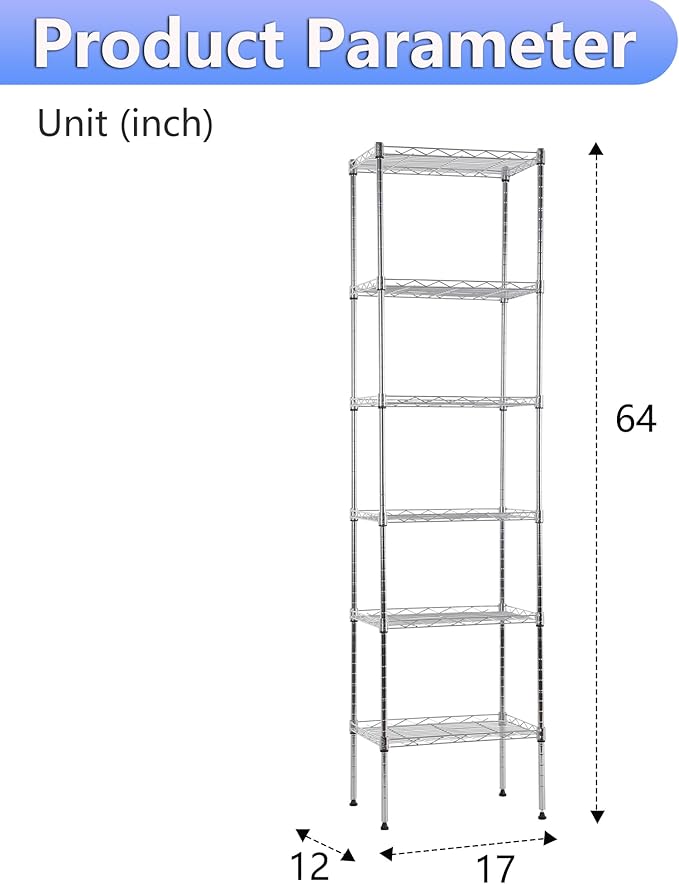 BestOffice | 6-Tier Wire Storage Shelves | 17x12x64 | Chrome | with Adjustable Racks | Heavy-Duty Metal Shelf, Holds Upto 600 lbs | No-Tool Assembly | Ideal for Home & Garage Shelving