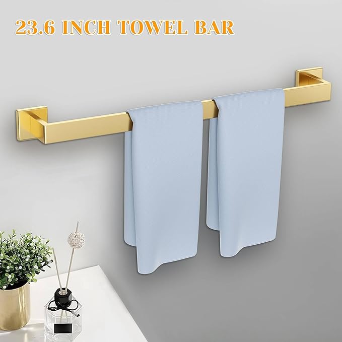 Brushed Gold Towel Bar Set 5 Pieces Bathroom Hardware Accessories Set,Upgraded Toilet Paper Holder with Shelf,Stainless Steel Towel Holder Set for Bathroom,Wall-Mounted 23.6 in