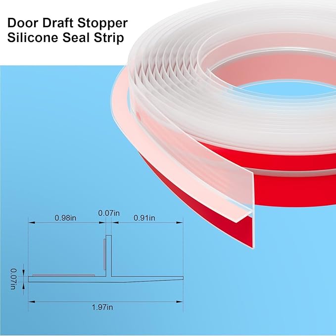 T-Shaped Door Draft Stopper, 1.97 in x 20 Ft Silicone Seal Strip for Windows Gaps, Weather Stripping Seal Strip Shower Sweep, Clear