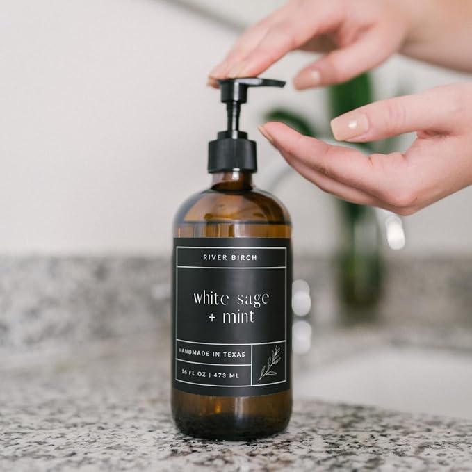 River Birch White Sage + Mint Scented Natural Hand Soap - Handmade Soap - Moisturizing Hand Wash with Amber Glass Dispenser - Luxury Scented and Hydrating - Vegan and Non-Toxic - 16 Fl Oz
