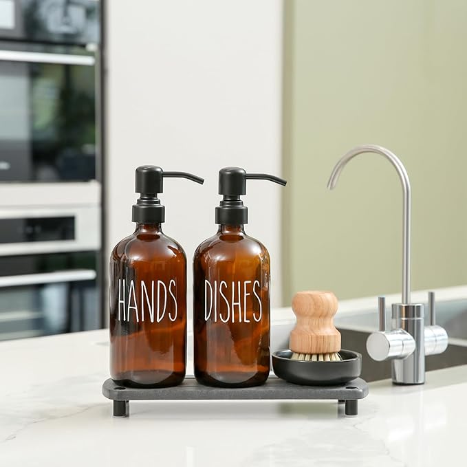 MOMEEMO Amber Glass Soap Dispenser Set Comes with Stainless Steel Pumps, Instant Dry Tray, and Dish Scrub Brush, Suitable for Soap Dispenser for Kitchen Sink. (Amber)