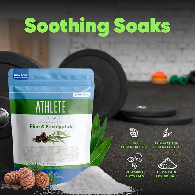 Athlete Bath Salt 32 Ounces Epsom Salt with Natural Lavender, Pine, Peppermint and Eucalyptus Essential Oils Plus Vitamin C in BPA Free Pouch with Easy Press-Lock Seal