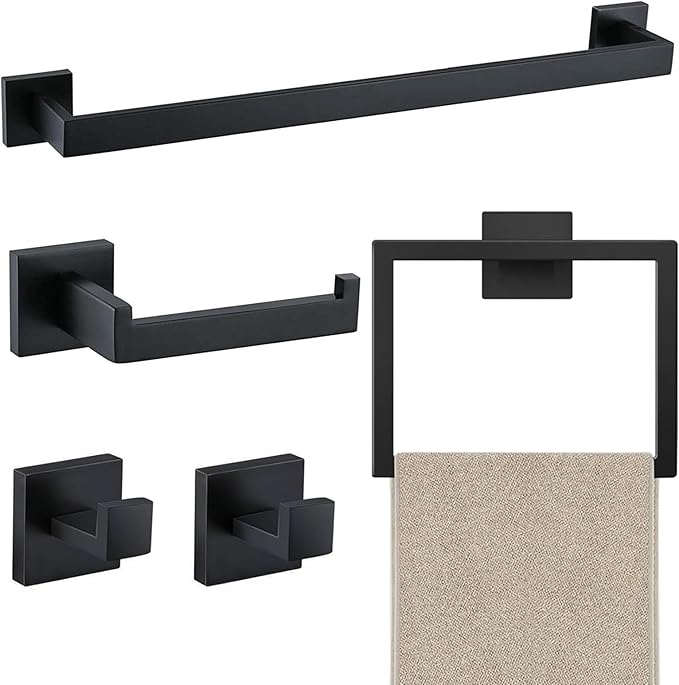 5 Piece Bathroom Towel Bar Set - SUS304 Stainless Steel Bath Towel Holder, 15.7 Inch Towel Racks for Bathroom Wall Mounted, Bathroom Hardware Accessories Set - Matte Black