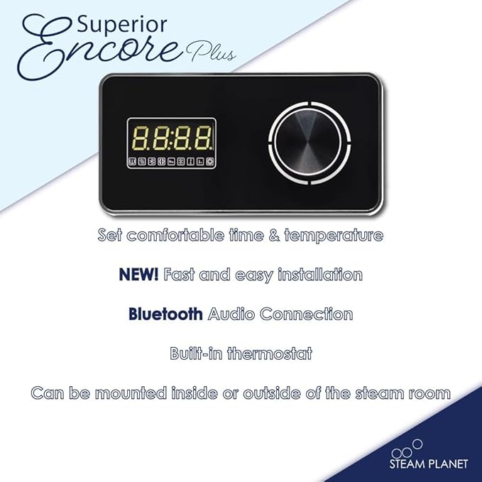 Superior Encore Plus 6 kW Steam Shower Generator Kit with Horizontal Black Keypad, Bluetooth Audio, Drip Pan & Color Lights |Self-Draining Steam Bath Generator |One-click Connection Cord