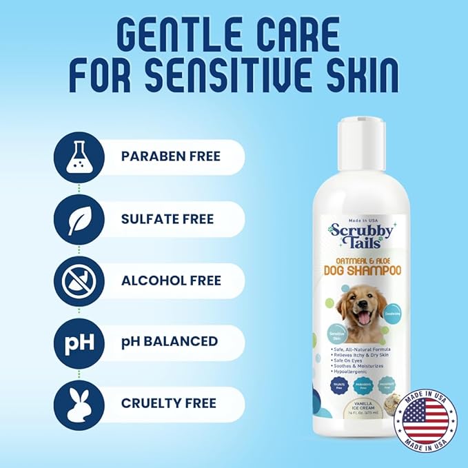 Organic Dog Shampoo - Puppy Oatmeal Shampoo for Itchy Skin Relief - Hypoallergenic for Sensitive Skin, for Dogs of All Ages, Deodorizes, Tearless, Made in USA, 16oz (Vanilla Ice Cream)