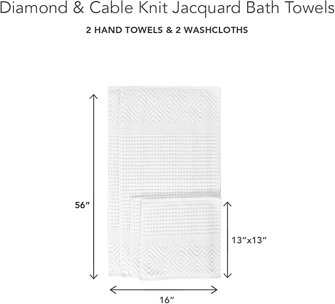 Texere 100% Organic Cotton Diamond Jacquard 700 GSM Luxury Bath Towel Sets - Ultra Soft and Absorbent Hotel and Spa Quality (Diamond, Bright White, 2 Hand & 2 Wash Towels)