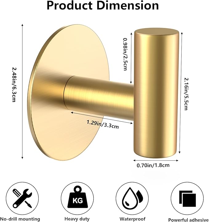 Gold Stainless Steel Wall Hooks, Heavy Duty Self-Adhesive Hooks for Coats, Towels, Robes, Hats, Aprons – No Drill Bathroom, Kitchen, Hotel (2 Pack)