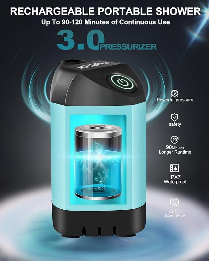AUTOPkio Portable Camping Shower - Outdoor Camp Shower with Showerhead Sprayer & Rechargeable Battery Pump for Camping, Travel, Hiking, Car Washing, Pet Bath