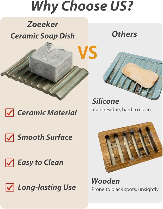 Soap Dish, Ceramic Soap Holder Bar Soap Saver Non-Slip Bathroom Accessories for Sponges, Scrubber, Razor, Green
