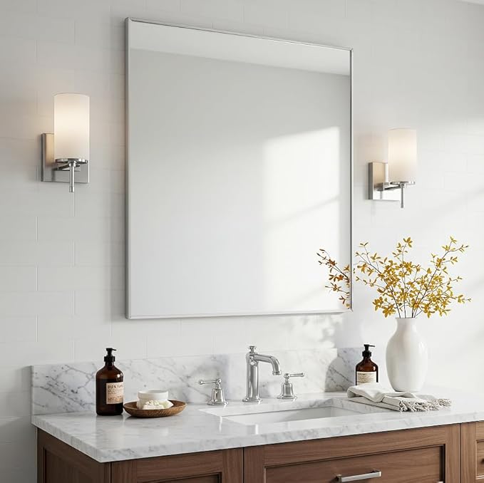 30x36 Inch Silver Bathroom Mirror - Copper-Free Mirror, Aluminum Alloy Frame Vanity Rectangle Wall Mounted Modern Mirror for Bedroom/Living Room/Porch Horizontal or Vertical