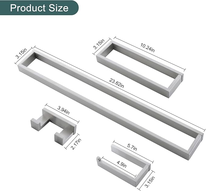 TNOMS Brushed Bathroom Hardware Accessories Set 4 Pieces Brushed Nickel Towel Bar Set, 23.6 Inch Towel Rack Set SUS304 Stainless Steel Bathroom Set,Wall Mounted