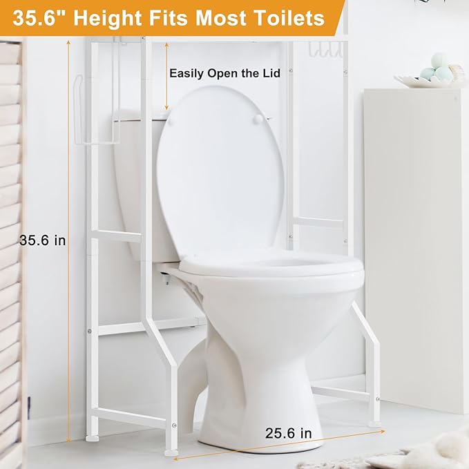 Over The Toilet Storage Rack 3 Tier Over Toilet Bathroom Organizer Wooden Behind The Toilet Storage Standing Shelf with 4 Hooks and Toilet Paper Holder, Space Saver, White