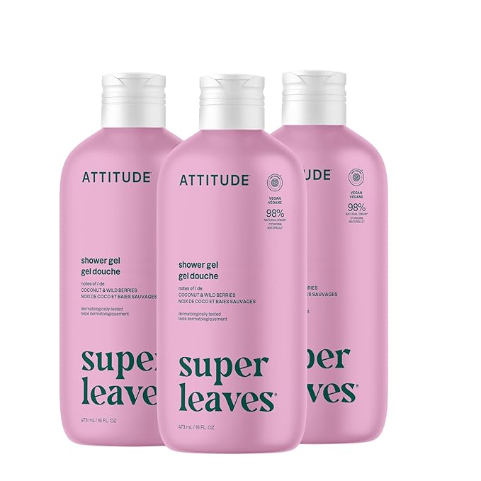 ATTITUDE Body Wash, EWG Verified Shower Gel, Dermatologically Tested, Plant and Mineral-Based, Vegan Personal Care Products, Coconut & Wild Berries Scent, 16 Fl Oz (Pack of 3)