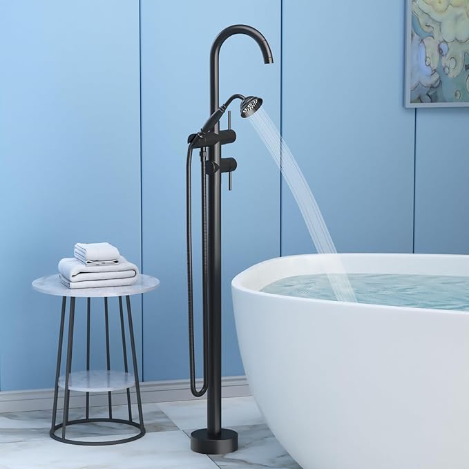 Freestanding Bathtub Faucet,Tub Filler Floor Mount Stand Bathtub Faucet Brass Bathroom Tub Faucets with 2 Function Telephone-Shape Handheld Shower Wand Swivel Matte Black
