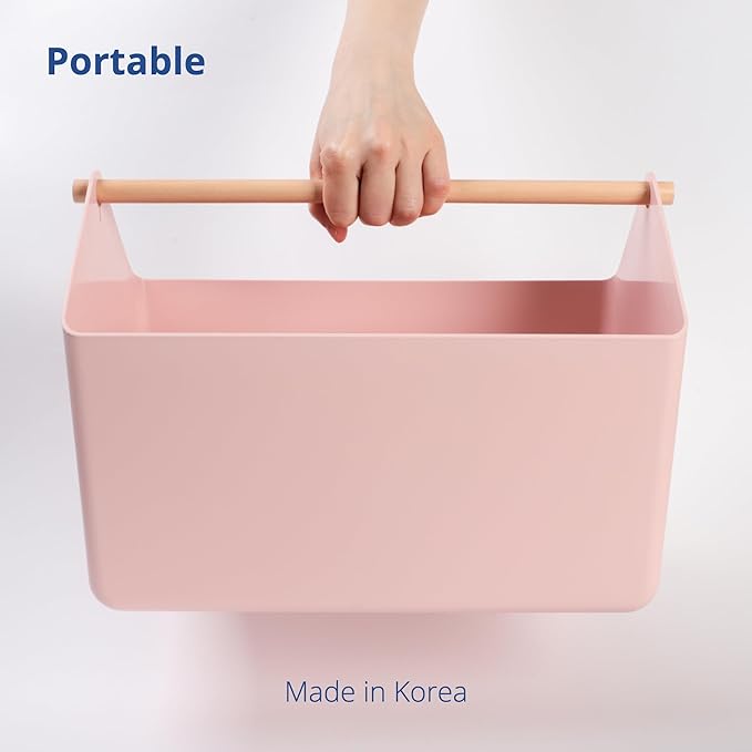 BLUE GINKGO Large Storage Basket – Plastic Caddy with Wooden Handle for Bathroom, Pantry, or Cleaning Supplies (Pink)