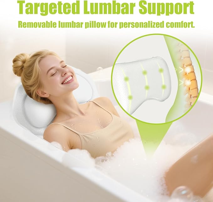 Full Body Bath Pillow for Tub - Extra Long & Thick Tub Pillow with Head, Back & Lumbar Support, 168 Non-Slip Suction Cups, Soft 5D Mesh Spa Cushion, Fits All Tubs-Gift for Soaking