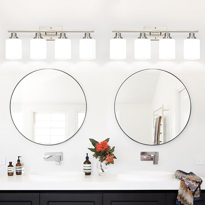 4-Light Vanity Light with Milky White Shades, Brushed Nickel Bathroom Lighting Fixtures Over Mirror, Modern Bathroom Wall Lamp for Mirror Living Room Cabinet Bedroom