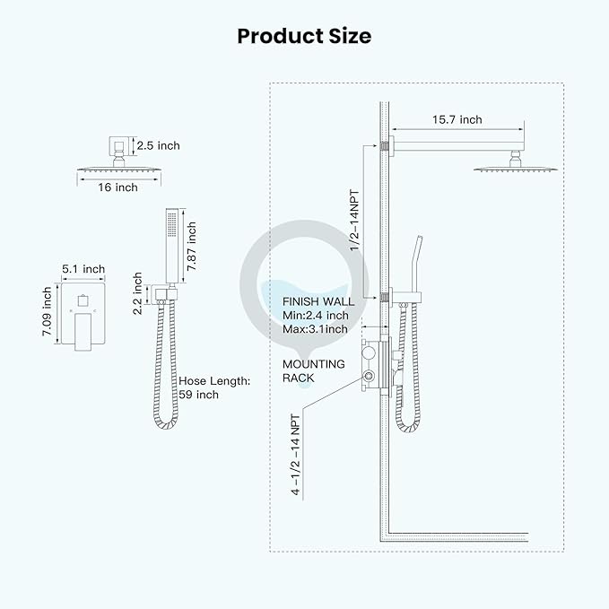 gotonovo Rainfall Bathroom Shower System Rain Shower Head and Handle Set Wall Mounted Shower Complete Combo Solid Brass Pressure Balancing Shower Mixer Valve 16 Inch Polished Chrome