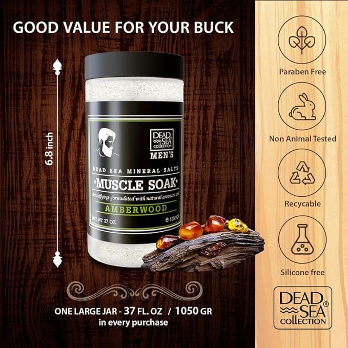 Dead Sea Collection Bath Salts for Men with Amberwood Oil - Muscle Recovery Bath Soak – Mens Pure Dead Sea Salt for Soothing and Relaxing - 37 Oz