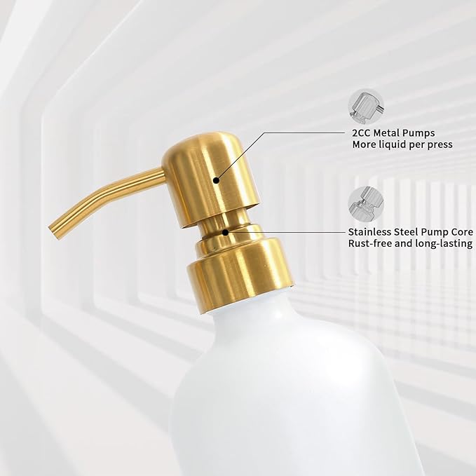 Gold Soap Dispenser Set, Glass Soap Dispenser with Stainless Steel Pump, Perfect for Modern Kitchen Counter Decor. (Gold)