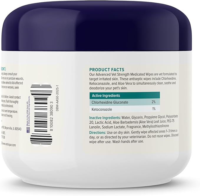 Vetnique Dermabliss Advanced Strength Medicated Antibacterial Wipes for Dogs with Chlorhexidine for Infections, Irritation & Redness Relief