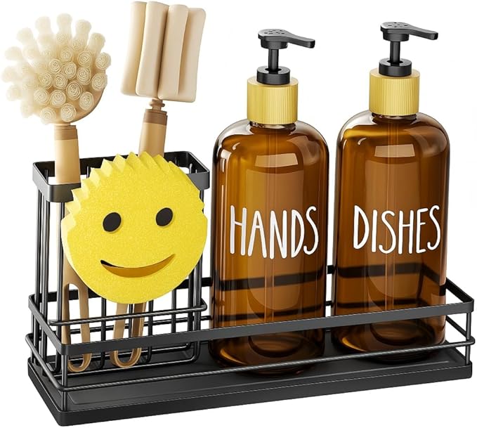 Moforoco Kitchen Dish Soap Dispenser Set, 16OZ Glass Bottle, Hand and Dish Soap Dispenser Set, Instant Dry Tray, Non-Slip Silicone Pad, Brush Holder with Sponge Holder, Kitchen Decor（Amber Bottle）