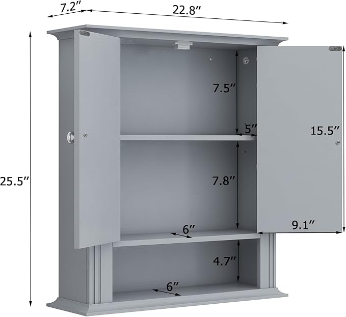 Wall Mounted Bathroom Cabinet Wooden Storage Cabinet with 2 Doors & Adjustable Shelf, Hanging Wall Cabinet Over Toilet, Upper Cabinet Storage Cupboard forBathroom, Kitchen,Laundry Room, Light Grey