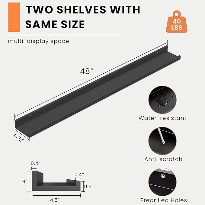 Heimlove Picture Ledge Shelf, Floating Shelves Set of 2, 48 Inches Picture Shelf for Wall with Ledge, Kids Bookshelf Wall Mounted for Living Room Bedroom Decor Books Photo Frames, Black