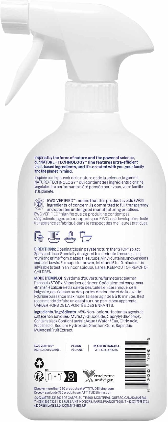 ATTITUDE Bathroom Cleaner Spray, EWG Verified, Plant-Based & Vegan, Safe for Bathroom Surfaces, Tiles, Tubs, Shower Walls, and Grout, Unscented, 27.1 Fl Oz