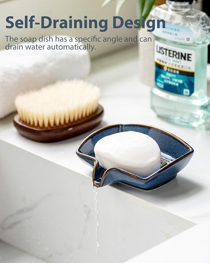 Ceramic Soap Dish, Bar Soap Holder with Drain Spout Self Draining Soap Saver for Shower Bathroom Kitchen Sink Bathtub, Keep Drying, Blue