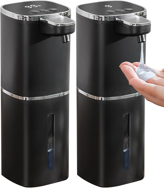 2 Pack Automatic Liquid Soap Dispenser, 12.8oz Rechargeable, Adjustable Liquid Levels, IPX5 Waterproof, Touchless & Wall/Tabletop Use for Kitchen Bathroom, Black