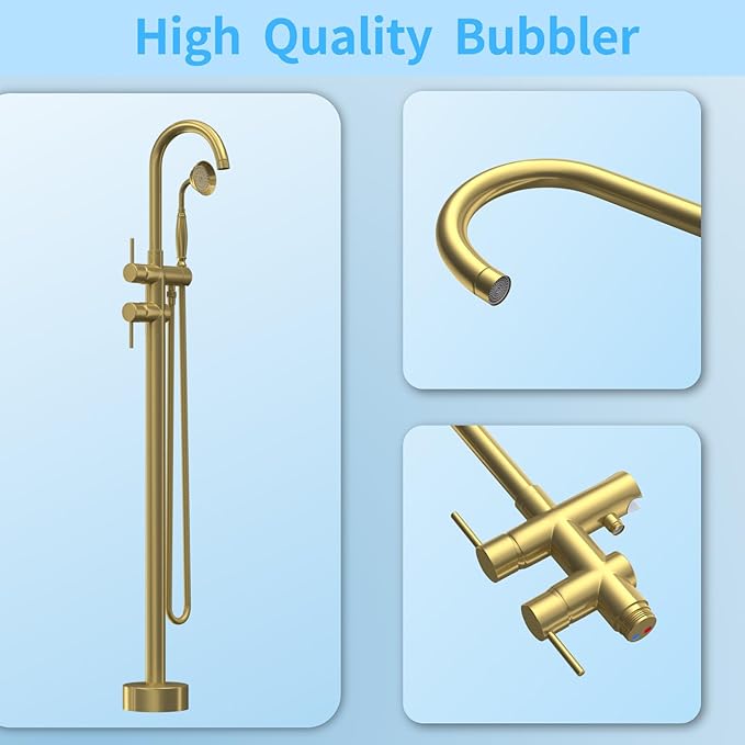 Freestanding Bathtub Faucet,Tub Filler Floor Mount Stand Bathtub Faucet Brass Bathroom Tub Faucets with 2 Function Telephone-Shape Handheld Shower Wand Swivel Brushed Gold