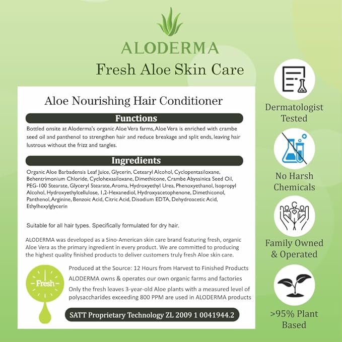 Aloderma Aloe Nourishing Hair Conditioner Made with Fresh Organic Aloe Vera for Dry, Damaged Hair - Deeply Hydrates and Nourishes Hair and Scalp, Leaving it Soft & Refreshed - Crambe Seed Oil - 16oz