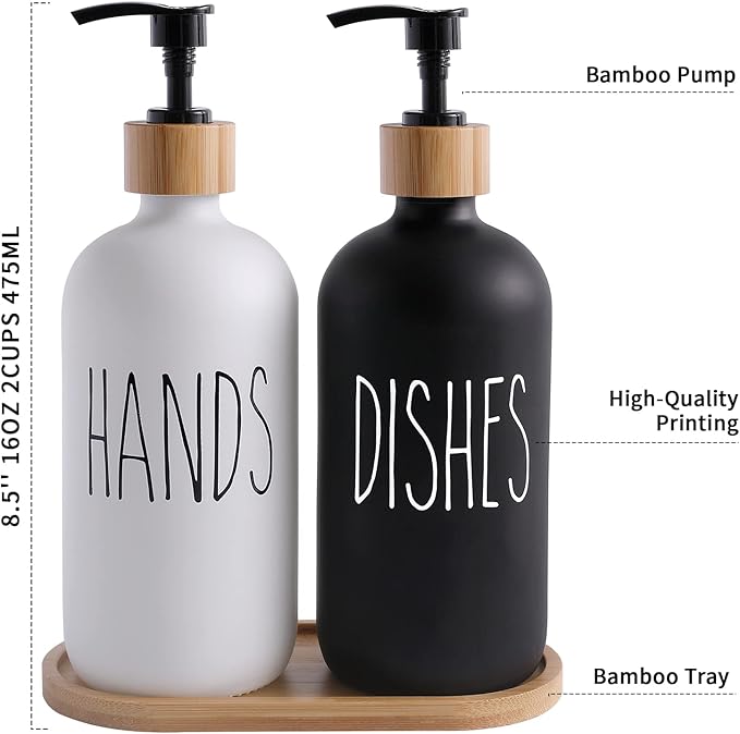 MOMEEMO Soap Dispenser Set, Contains Hand and Dish Soap Dispenser, Suitable for Kitchen Decor. (Black & White)