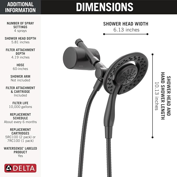 Delta Faucet 4-Setting In2ition 2-in-1 Dual Shower Head with Clarifi Standard Shower Filter Attachment and Filter, Black Shower Head with Filter, Filtered Shower Head, Matte Black 7SF110BBL