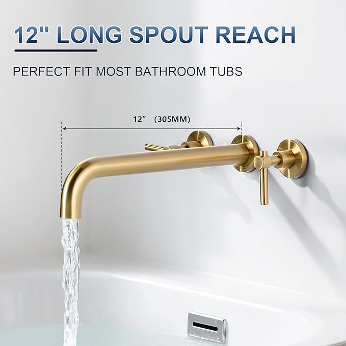 ALEASHA Wall Mount Tub Filler Tub Faucet High Flow Bathtub Faucets Two Handles Solid Brass, 12" Long Spout Reach, Brushed Gold