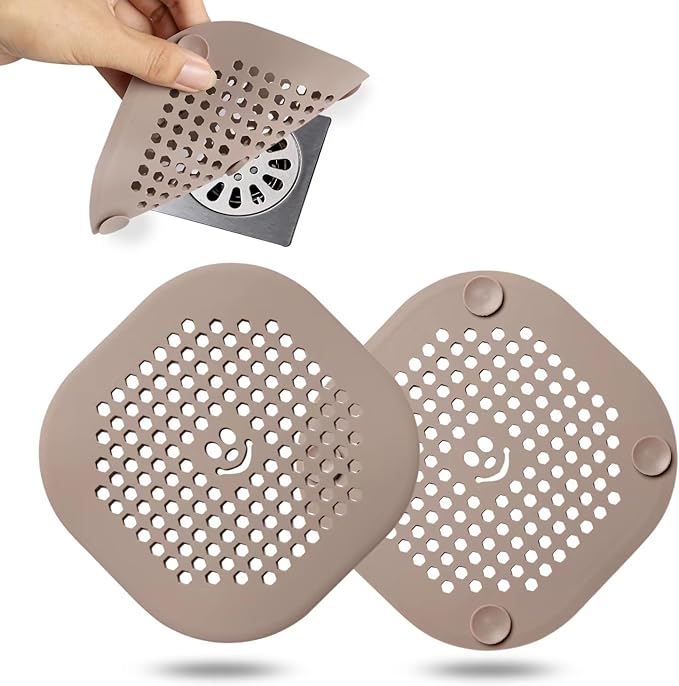 2 Pack Drain Hair Catcher Silicone Shower Drain Protector Sink Drain Strainer Hair Stopper for Shower Kitchen Bathroom Tub Brown 5.5 x 5.5 x 0.04 inches
