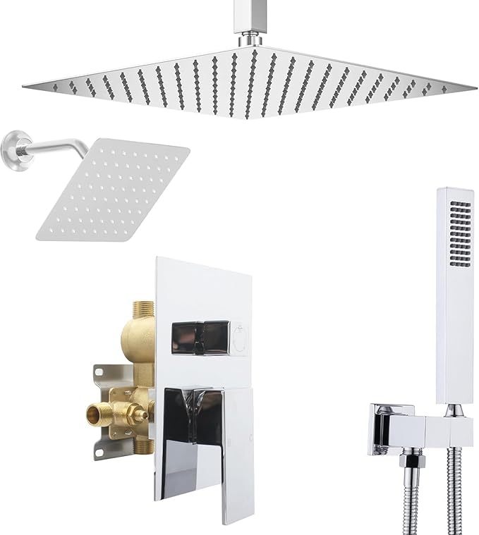 Shower System Dual Shower Heads with 12" Ceiling Mounted Rain Shower Head & 6" Wall Mounted Head Full Body Luxury Rain Shower System 3 Way Pressure Balance Valve Kit, Polished Chrome