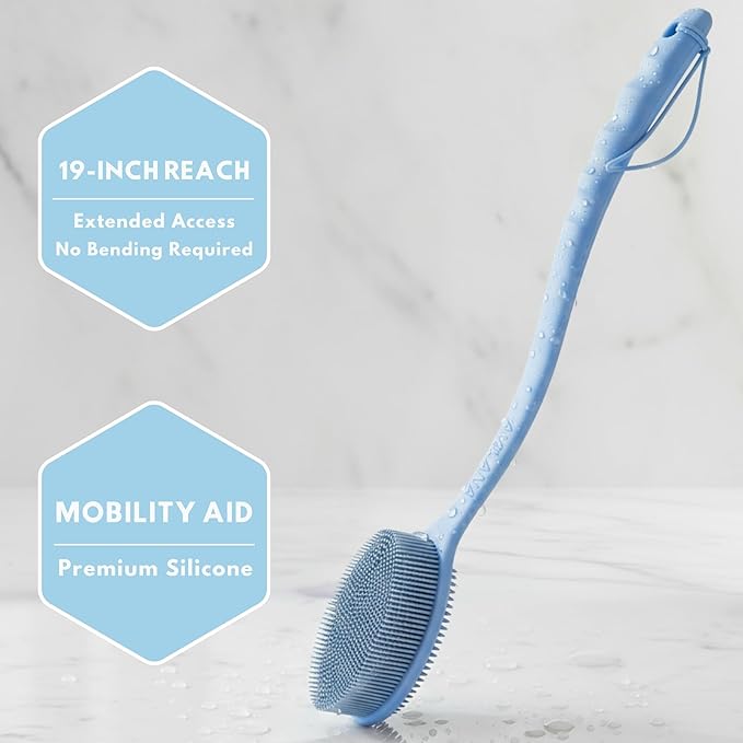 Long Handle Back Scrubber for Shower - 19 inch Extended Reach Silicone Body Brush - Avilana Bath Scrubber Extended Reach Tool - Easy Grip Body Wash Brush Gift