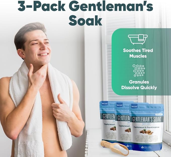 Gentleman's Bath Salt (3-Pack Plus Scoop) Bath for Men with Pure Essential Oils in BPA Free Pouch with Press-Lock Seal Made in USA 3-Pack of 2-lbs, 6-lbs Total