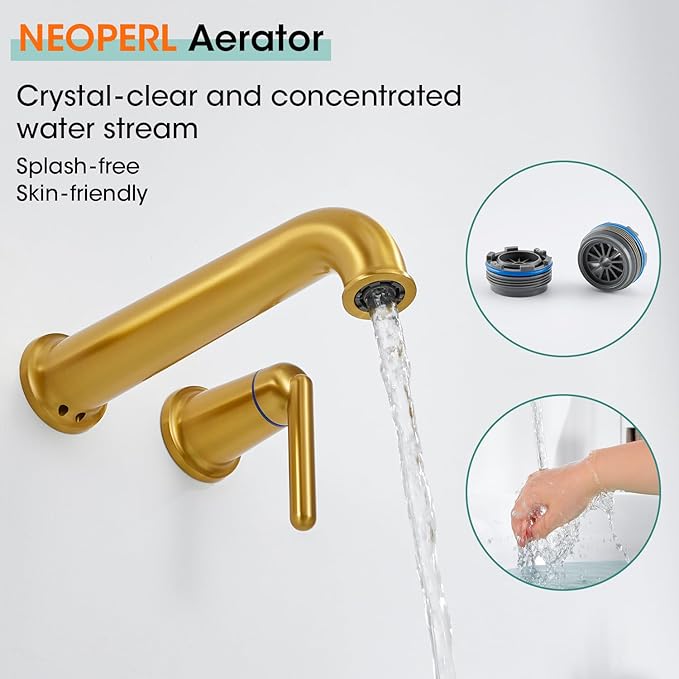 Wall Mount Tub Filler Long Spout Reach Faucet with Rough-in Valve High Flow 2-Handle Brass Roman Bath Faucet Set Brushed Gold (WT-9806BG)