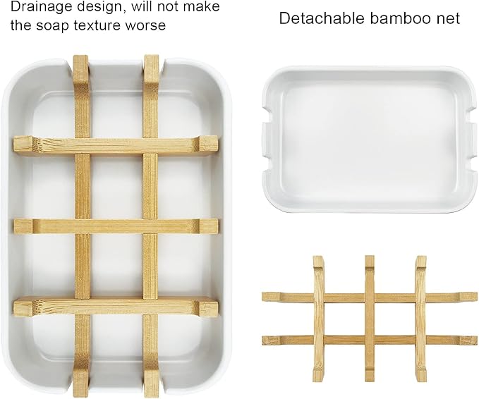 2 Pack Bamboo Soap Dish, Self-Draining Soap Box, Wooden Bamboo Bar Soap Holder for Shower, Bathroom, Kitchen, Bathtub, Bar Sink (White)