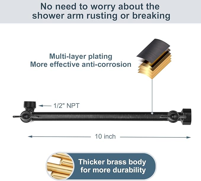 BRIGHT SHOWERS Brass Shower Head Extension Arm for Rain and Handheld Shower Head, 10 Inch Universal Shower Arm Extender, Height & Angle Adjustable, Oil-Rubbed Bronze