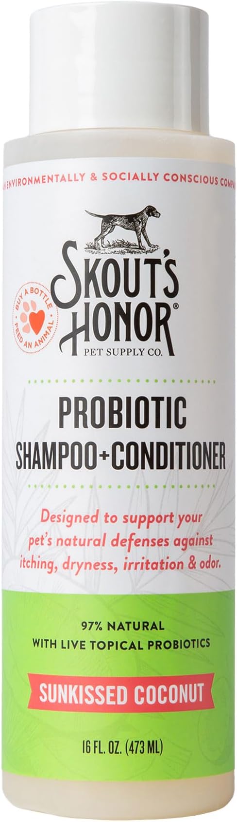 Skout's Honor Probiotic Dog Shampoo & Conditioner with Avocado Oil & Omega-3s, 97% Natural, Paraben & Sulfate-Free, Cruelty-Free, 16oz, Sunkissed Coconut