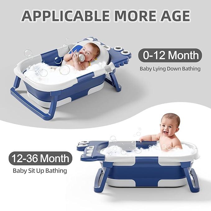 TPN Collapsible Baby Bathtub, Baby Bath Tub with Soft Cushion & Real-Time Thermometer, Baby Bathtub Infant to Toddler Tub (0-36 Months), Portable Travel Baby Tubs for Newborns (Navy Blue)