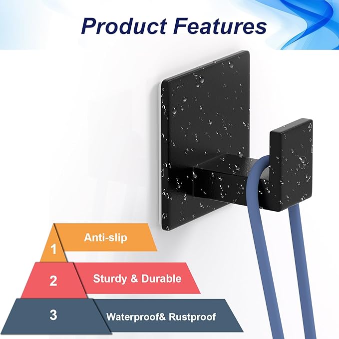 Adhesive Towel Hooks, Shower Hooks for Hanging Robe, Coat, Hat, Loofah, Heavy Duty Wall Hooks Stick on Bathroom, Kitchen and Office (4 Pack, Black)