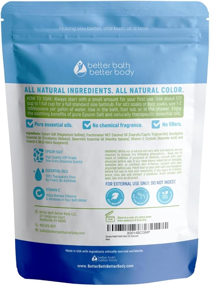 Stress Relief Bath Salt 32 Ounces (2 Lbs) USP Grade Epsom Salt with Natural Spearmint and Eucalyptus Essential Oils Plus Vitamin C in BPA Free Pouch with Easy Press Lock Seal Made in USA